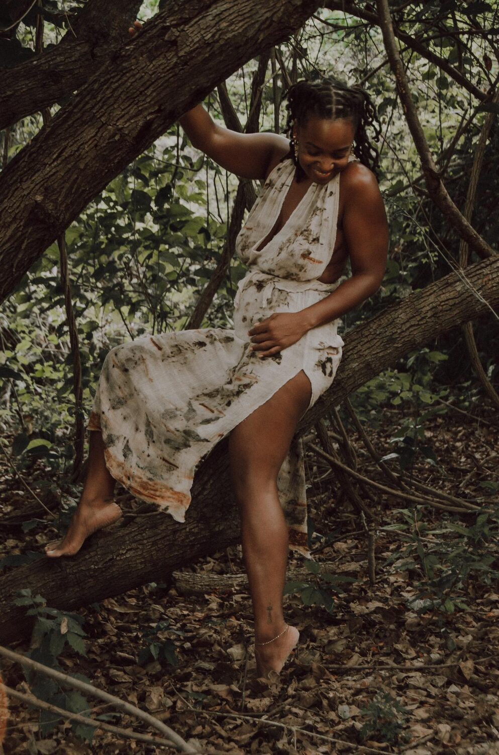 model in ecoprinted dress in jungle